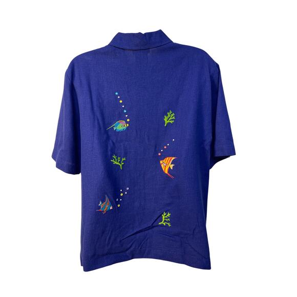 Citi Dress Short Sleeve Linen Blend  Button Up Top Blue with Embroidery Size 12 - Picture 2 of 8